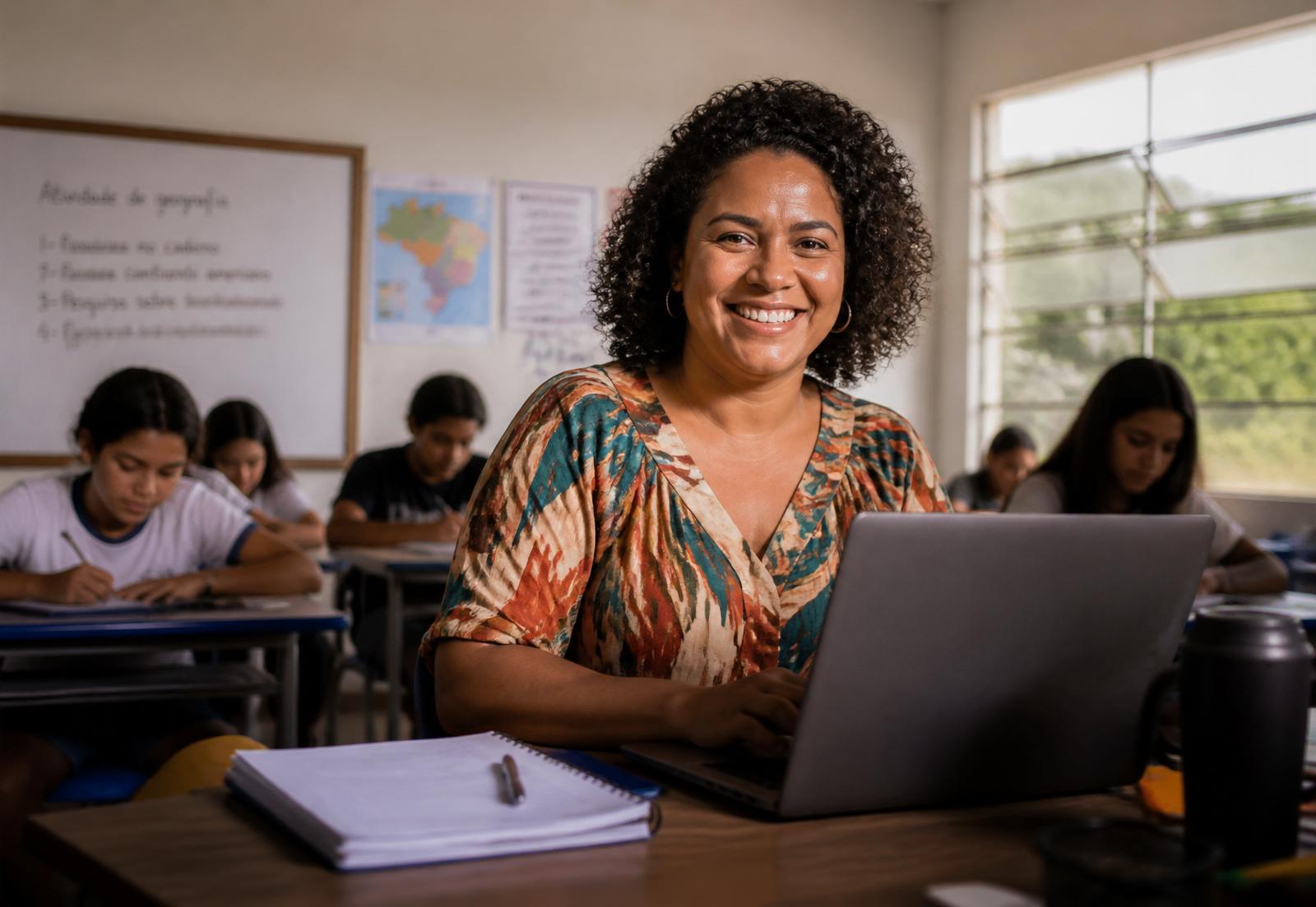 Professora da rede pública brasileira usando a plataforma Prime em sala de aula