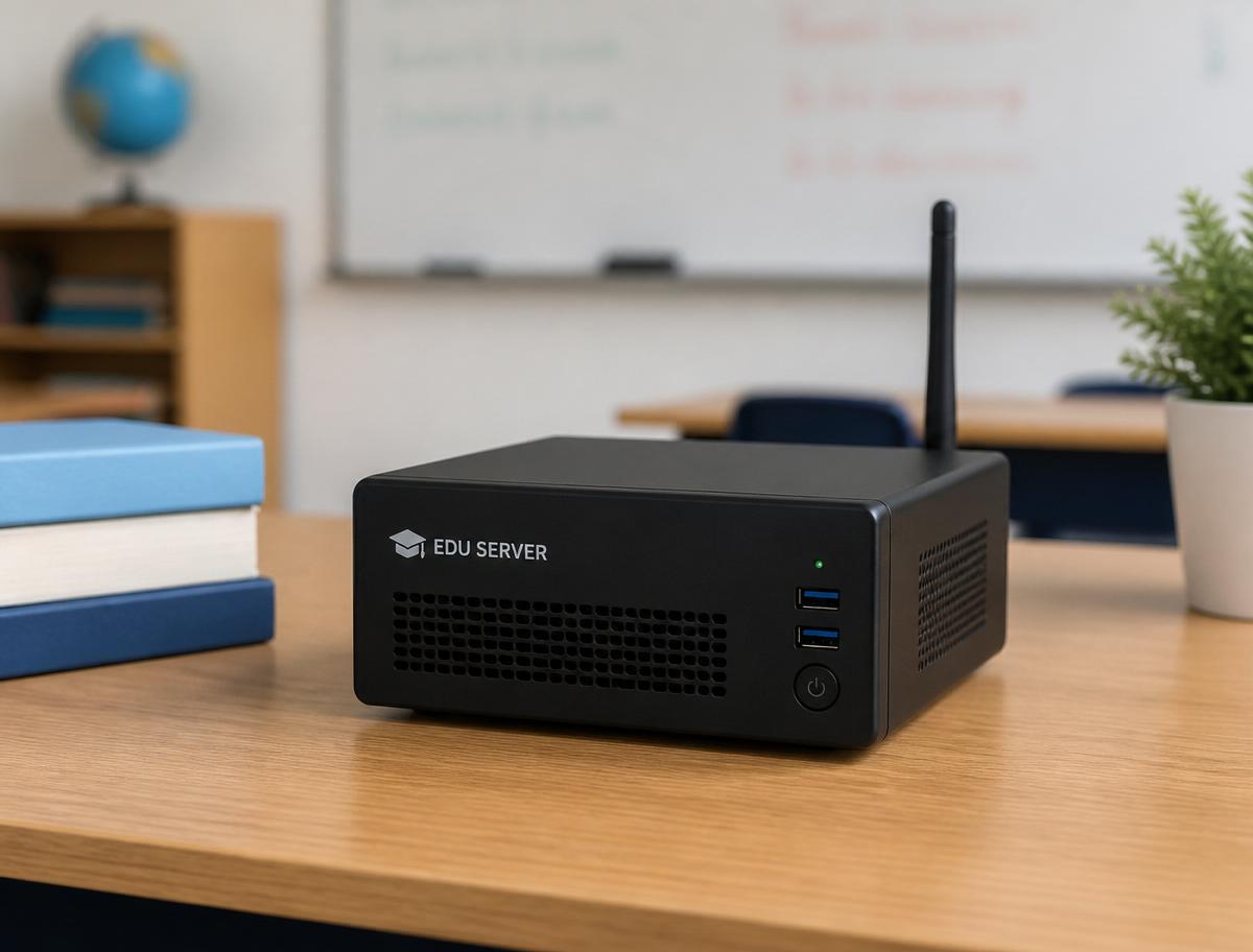 Servidor educacional EDUBOXX sobre mesa de sala de aula