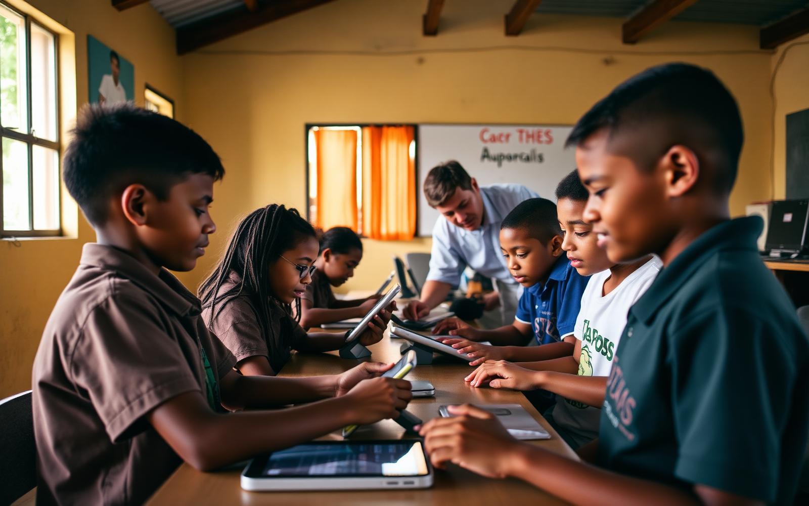 Estudantes de escola pública brasileira usando tablets em sala de aula com o professor